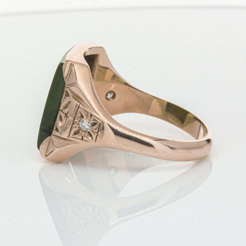 Vintage 8ct Yellow Gold Greenstone & Diamond Kiwi Ring-Ring-Walker & Hall