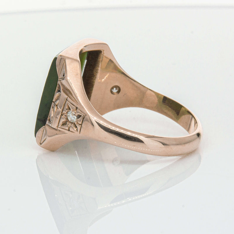 Vintage 8ct Yellow Gold Greenstone & Diamond Kiwi Ring-Ring-Walker & Hall