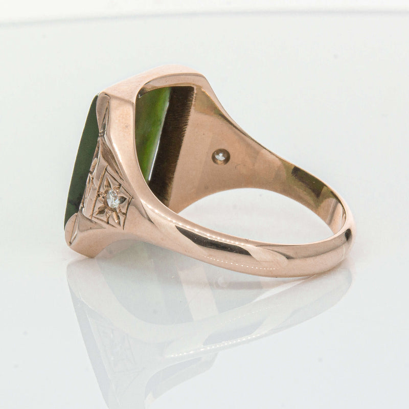 Vintage 8ct Yellow Gold Greenstone & Diamond Kiwi Ring-Ring-Walker & Hall