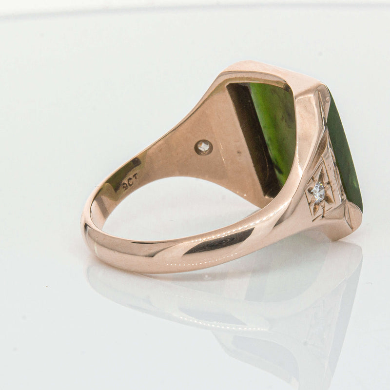 Vintage 8ct Yellow Gold Greenstone & Diamond Kiwi Ring-Ring-Walker & Hall