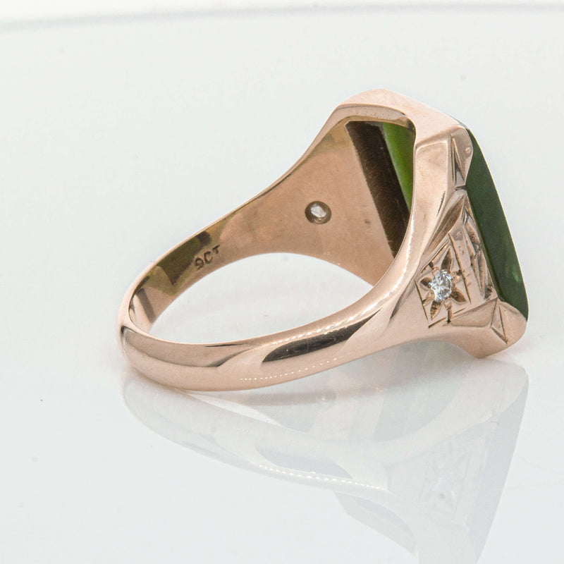 Vintage 8ct Yellow Gold Greenstone & Diamond Kiwi Ring-Ring-Walker & Hall