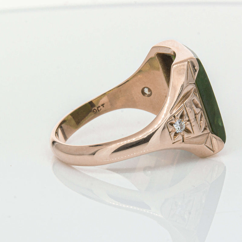 Vintage 8ct Yellow Gold Greenstone & Diamond Kiwi Ring-Ring-Walker & Hall