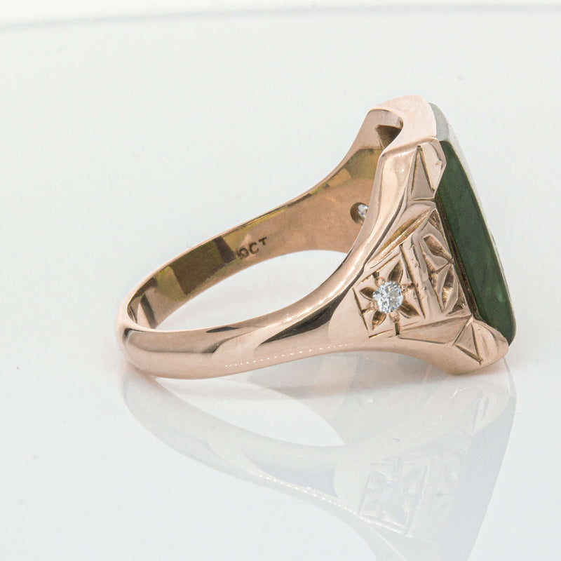 Vintage 8ct Yellow Gold Greenstone & Diamond Kiwi Ring-Ring-Walker & Hall