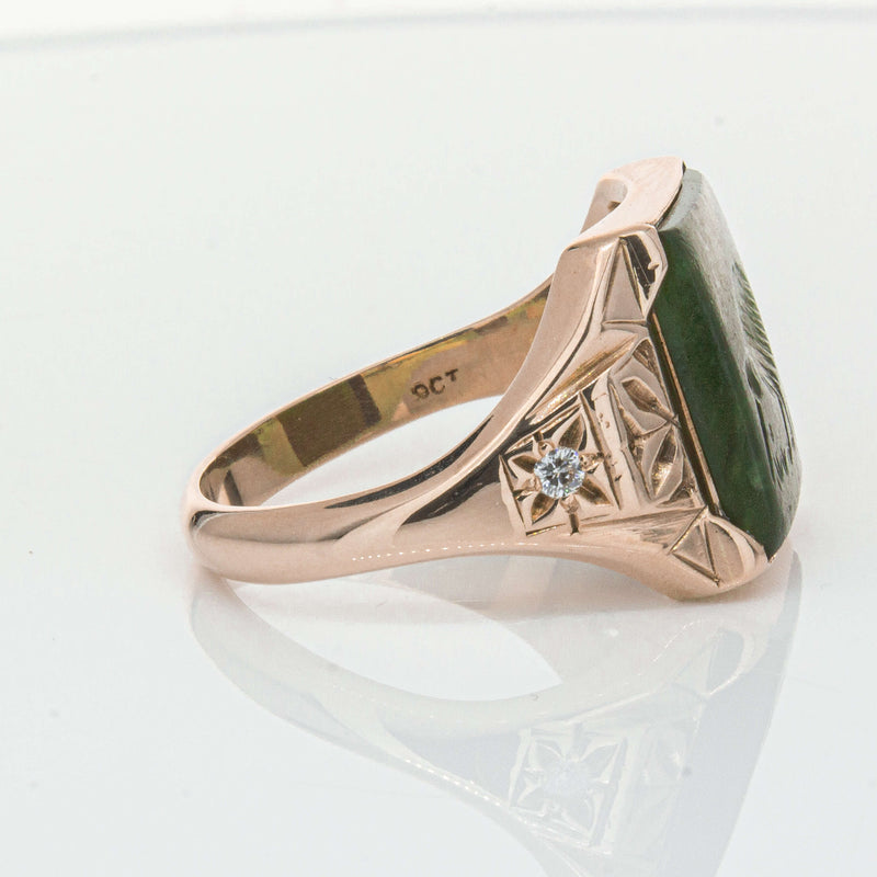 Vintage 8ct Yellow Gold Greenstone & Diamond Kiwi Ring-Ring-Walker & Hall