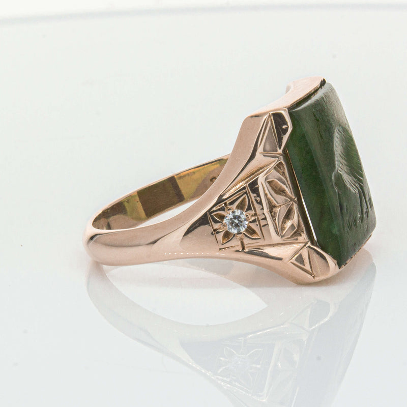 Vintage 8ct Yellow Gold Greenstone & Diamond Kiwi Ring-Ring-Walker & Hall