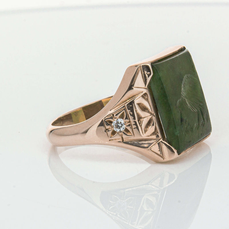 Vintage 8ct Yellow Gold Greenstone & Diamond Kiwi Ring-Ring-Walker & Hall