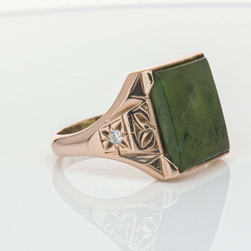 Vintage 8ct Yellow Gold Greenstone & Diamond Kiwi Ring-Ring-Walker & Hall