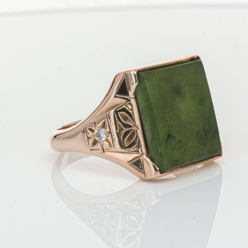 Vintage 8ct Yellow Gold Greenstone & Diamond Kiwi Ring-Ring-Walker & Hall