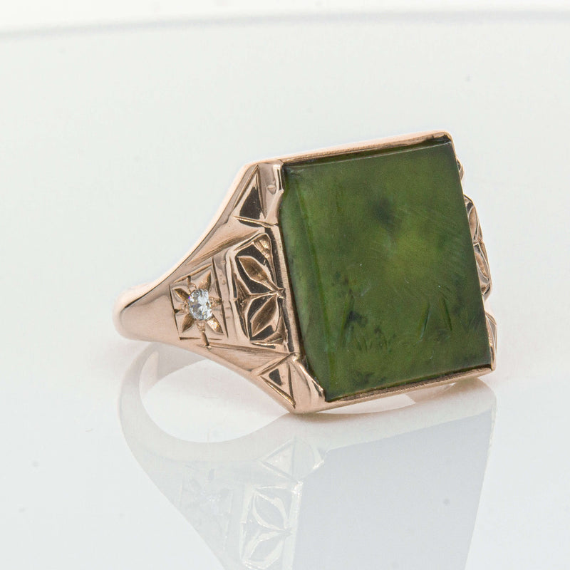 Vintage 8ct Yellow Gold Greenstone & Diamond Kiwi Ring-Ring-Walker & Hall