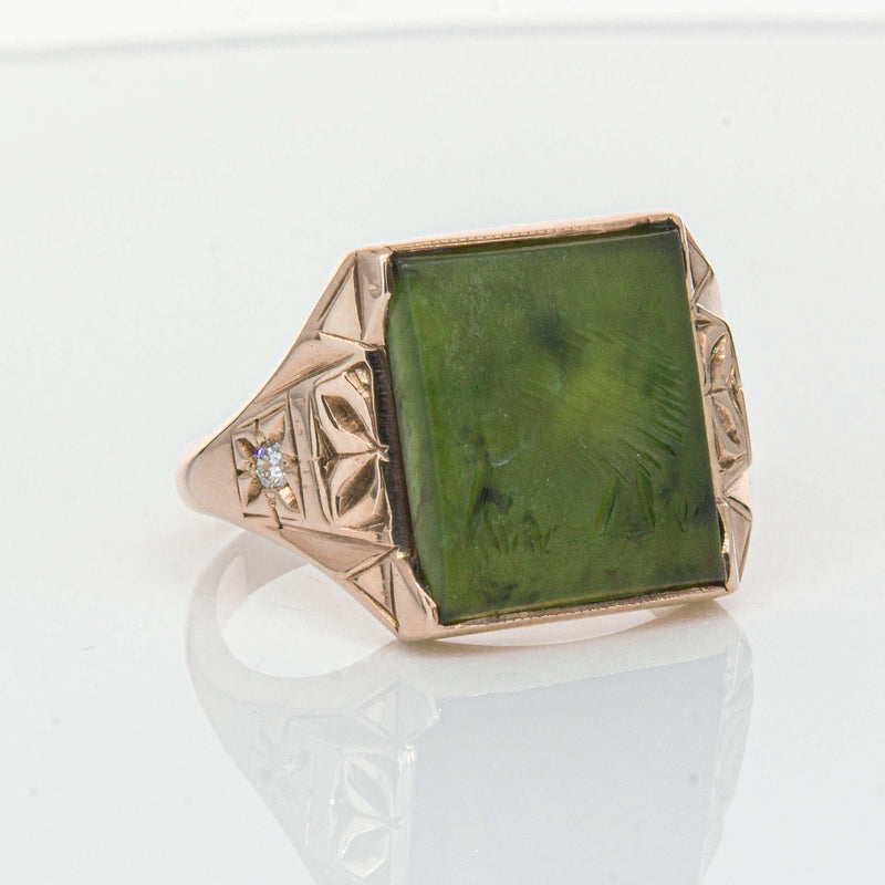 Vintage 8ct Yellow Gold Greenstone & Diamond Kiwi Ring-Ring-Walker & Hall