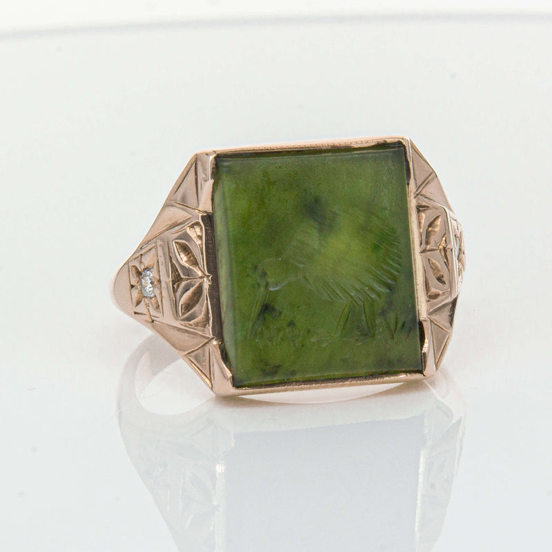 Vintage 8ct Yellow Gold Greenstone & Diamond Kiwi Ring-Ring-Walker & Hall