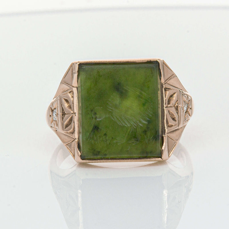 Vintage 8ct Yellow Gold Greenstone & Diamond Kiwi Ring-Ring-Walker & Hall