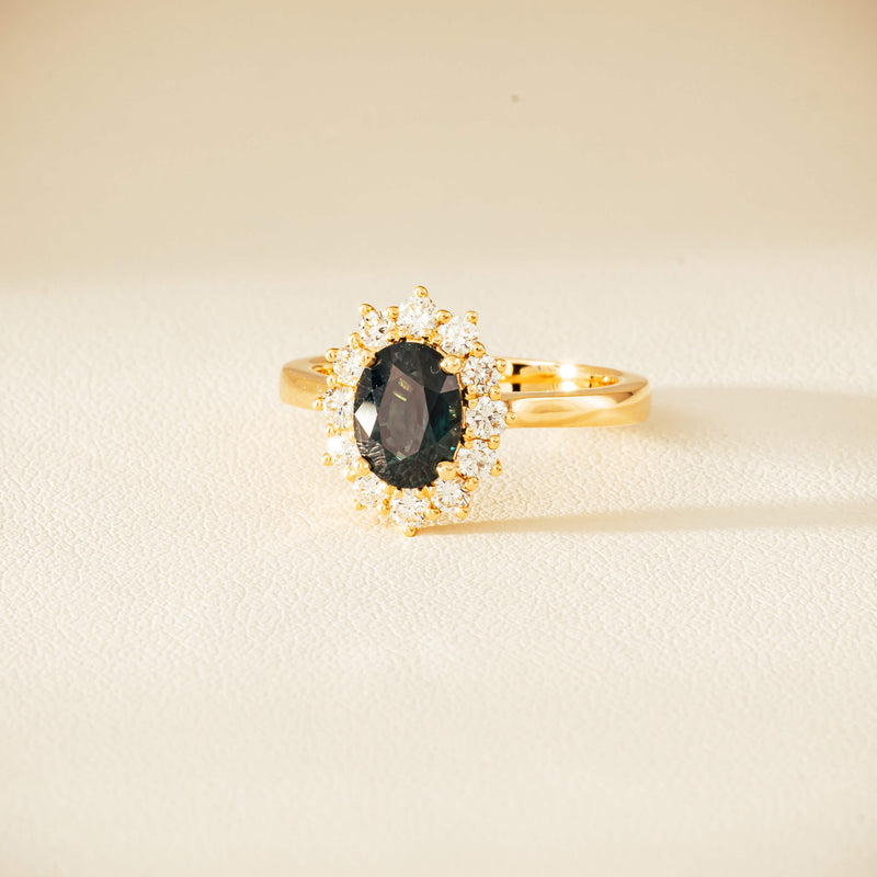 18ct Yellow Gold 1.76ct Green Sapphire & Diamond Belle Ring - Ring - Walker & Hall