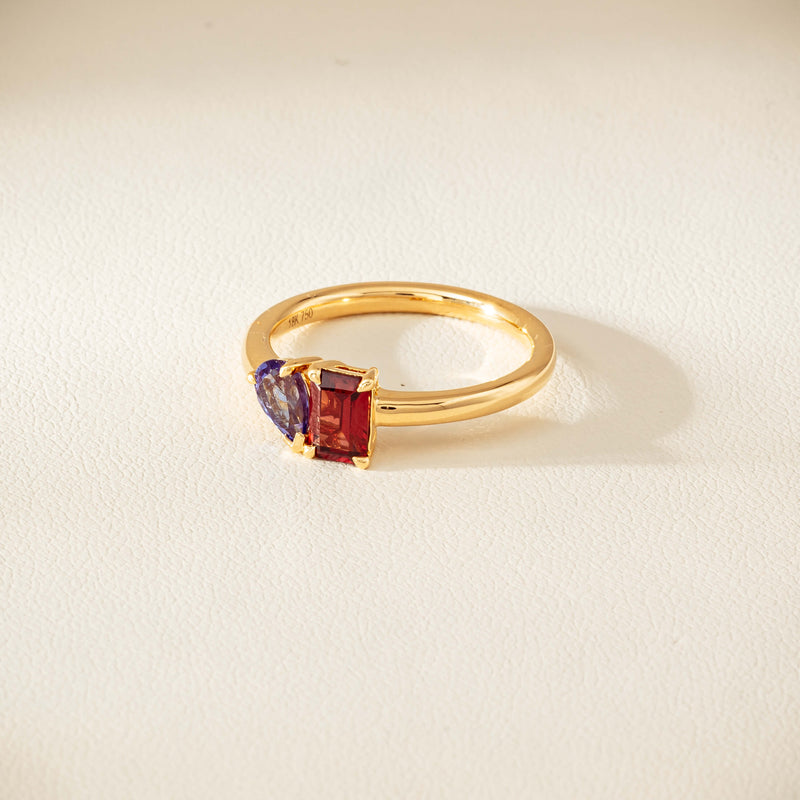 18ct Yellow Gold Garnet & Tanzanite Toi et Moi Ring - Ring - Walker & Hall
