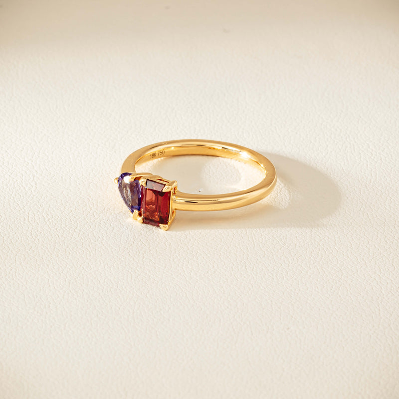 18ct Yellow Gold Garnet & Tanzanite Toi et Moi Ring - Ring - Walker & Hall