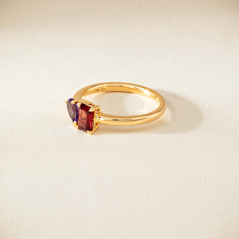 18ct Yellow Gold Garnet & Tanzanite Toi et Moi Ring - Ring - Walker & Hall
