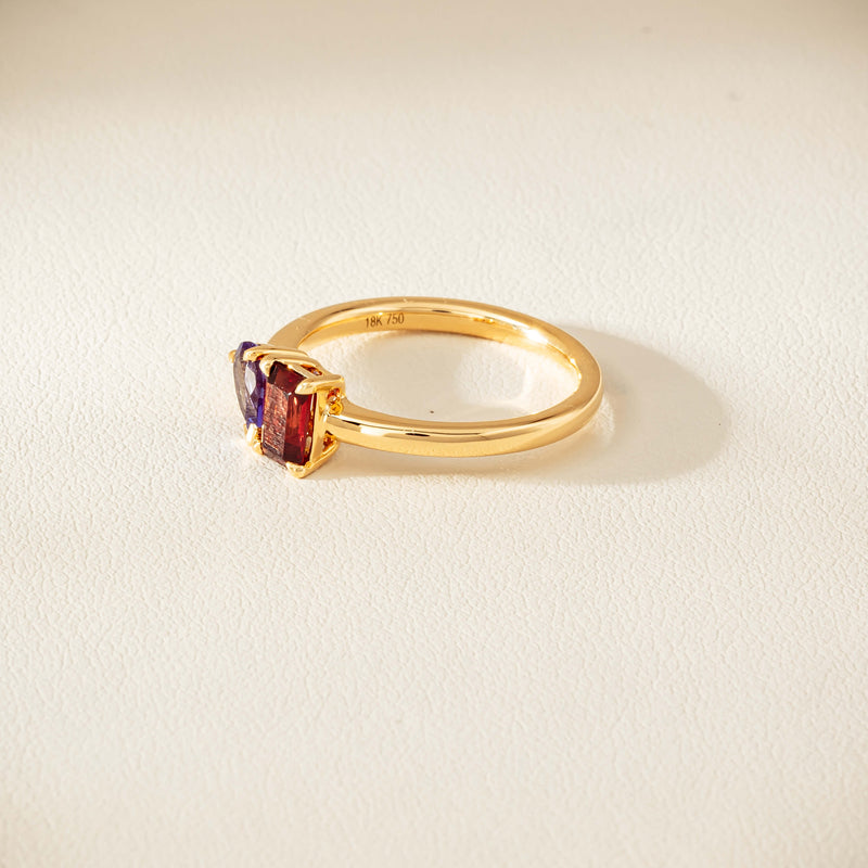 18ct Yellow Gold Garnet & Tanzanite Toi et Moi Ring - Ring - Walker & Hall