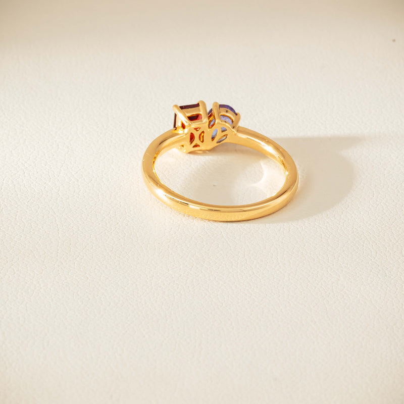 18ct Yellow Gold Garnet & Tanzanite Toi et Moi Ring - Ring - Walker & Hall