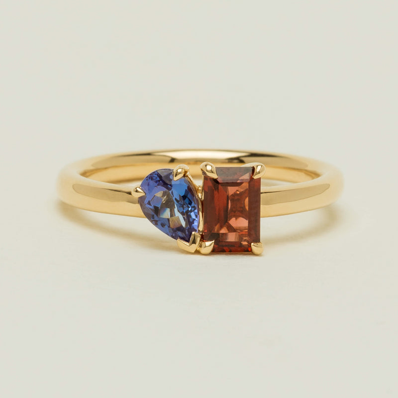 18ct Yellow Gold Garnet & Tanzanite Toi et Moi Ring - Ring - Walker & Hall