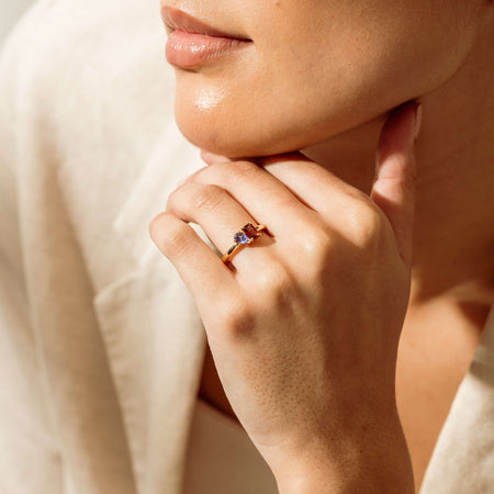 18ct Yellow Gold Garnet & Tanzanite Toi et Moi Ring - Ring - Walker & Hall