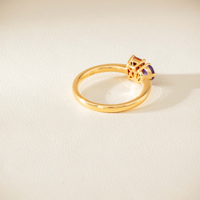 18ct Yellow Gold Garnet & Tanzanite Toi et Moi Ring - Ring - Walker & Hall
