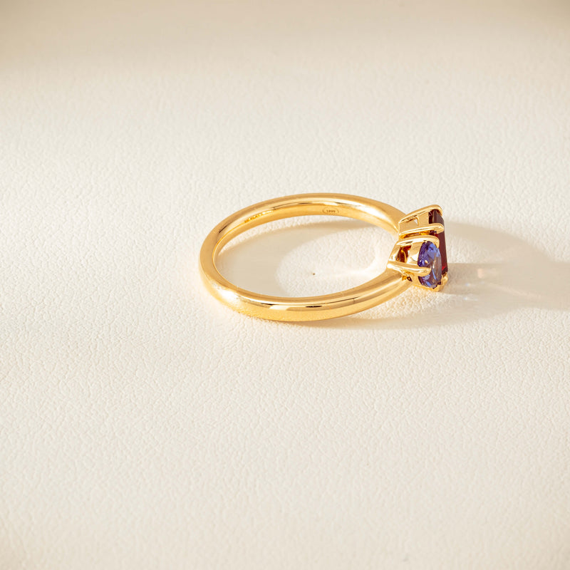 18ct Yellow Gold Garnet & Tanzanite Toi et Moi Ring - Ring - Walker & Hall
