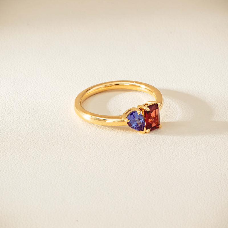 18ct Yellow Gold Garnet & Tanzanite Toi et Moi Ring - Ring - Walker & Hall