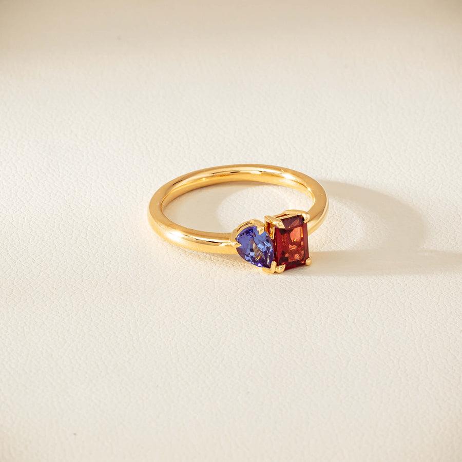 18ct Yellow Gold Garnet & Tanzanite Toi et Moi Ring - Ring - Walker & Hall