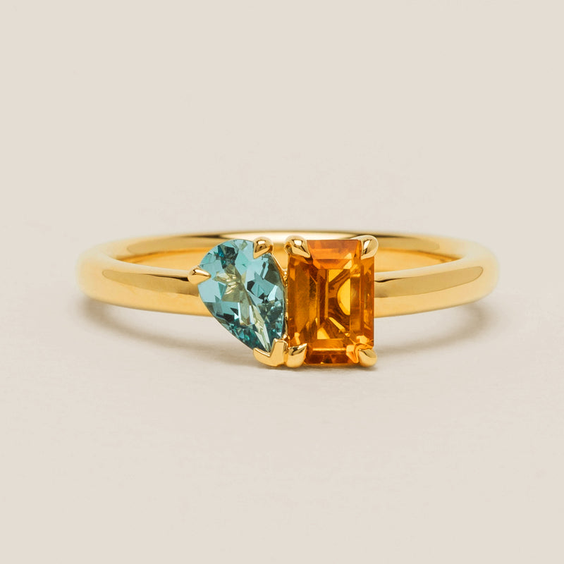 18ct Yellow Gold Citrine & Aquamarine Toi et Moi Ring - Ring - Walker & Hall