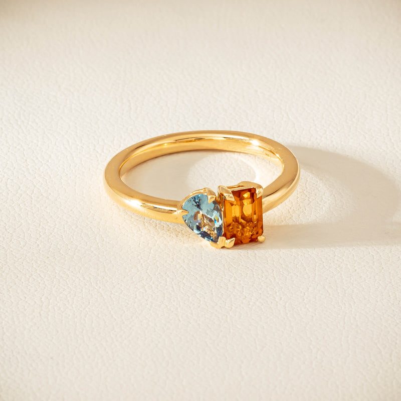 18ct Yellow Gold Citrine & Aquamarine Toi et Moi Ring - Ring - Walker & Hall