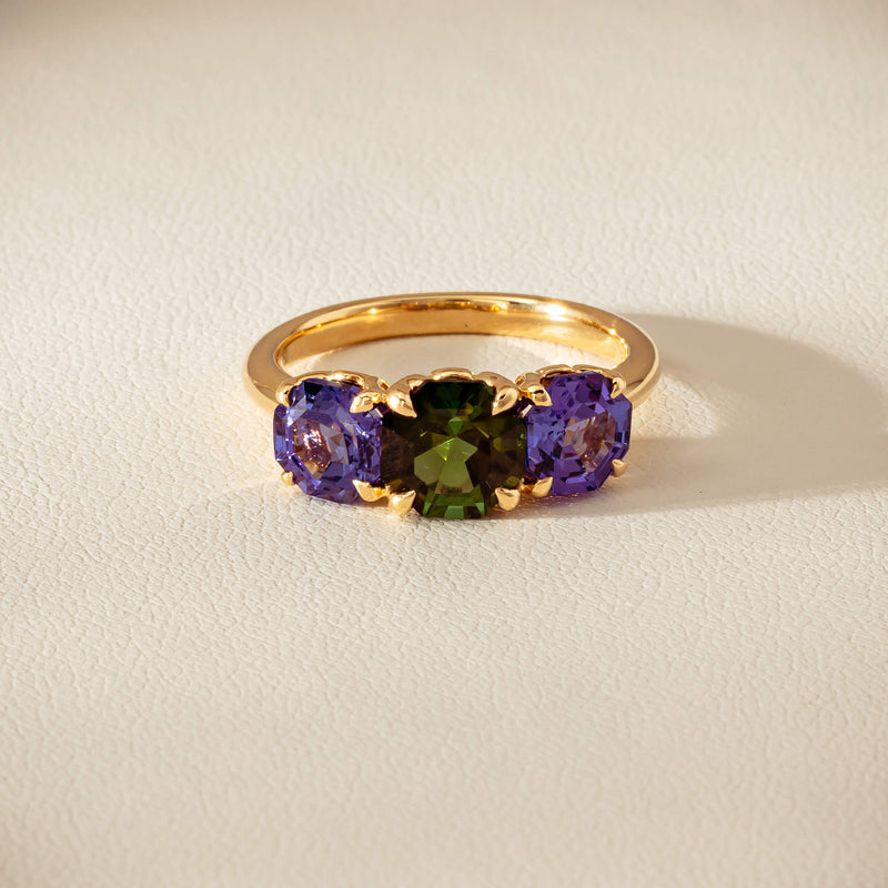 18ct Yellow Gold Tourmaline & Tanzanite Three Stone Octavia Ring - Ring - Walker & Hall