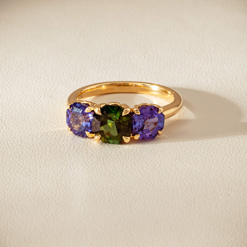 18ct Yellow Gold Tourmaline & Tanzanite Three Stone Octavia Ring - Ring - Walker & Hall