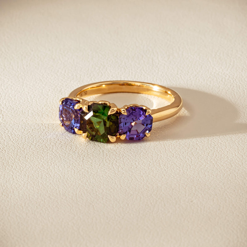 18ct Yellow Gold Tourmaline & Tanzanite Three Stone Octavia Ring - Ring - Walker & Hall