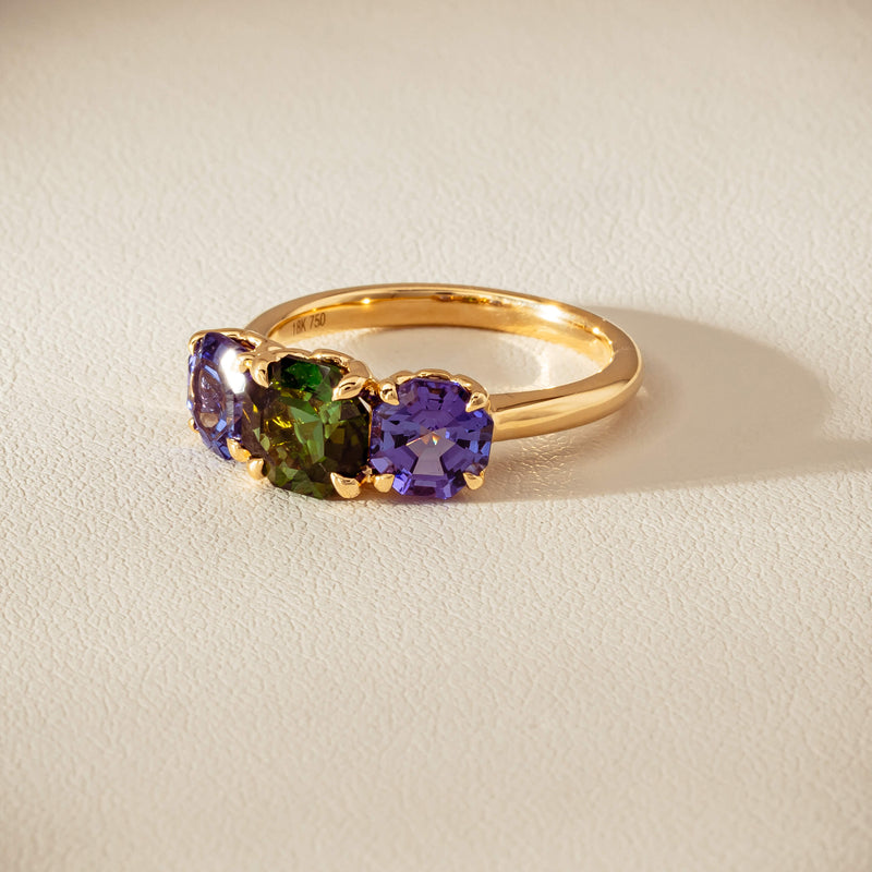 18ct Yellow Gold Tourmaline & Tanzanite Three Stone Octavia Ring - Ring - Walker & Hall