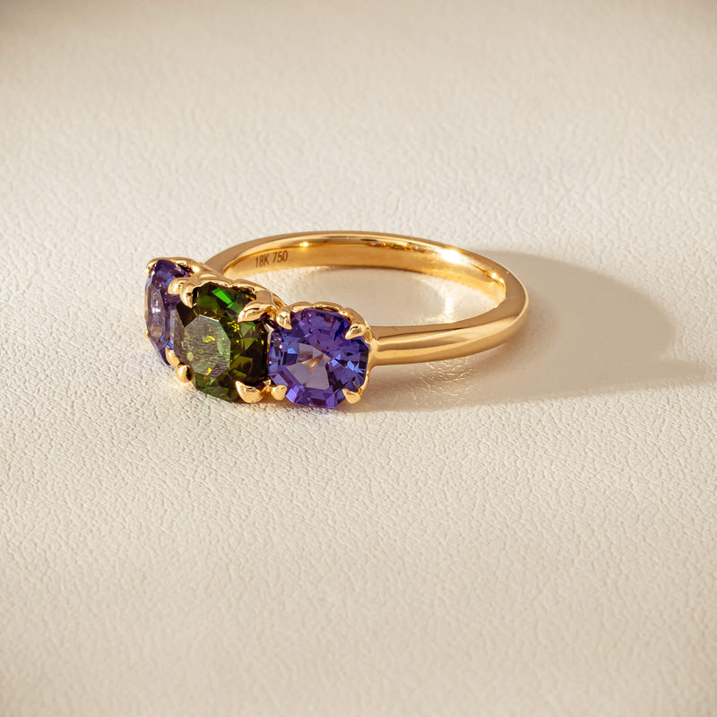18ct Yellow Gold Tourmaline & Tanzanite Three Stone Octavia Ring - Ring - Walker & Hall