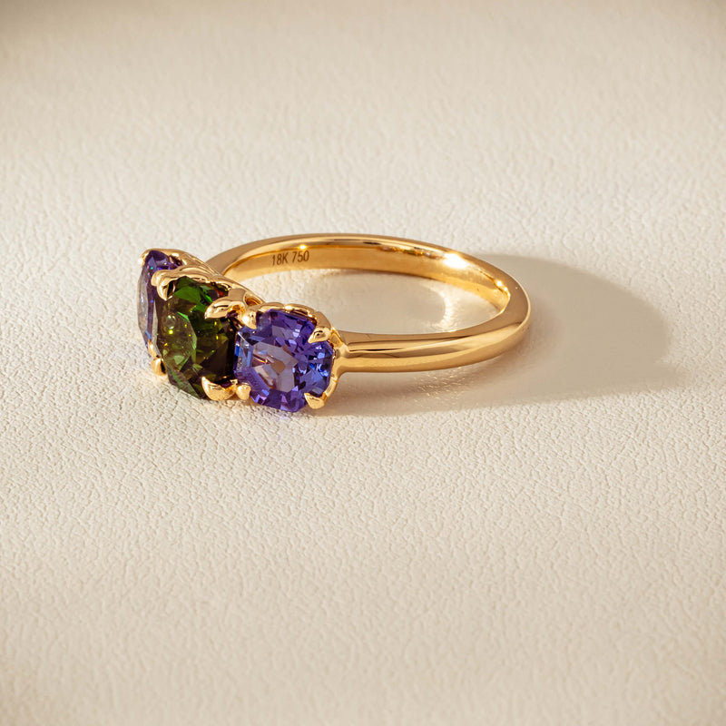 18ct Yellow Gold Tourmaline & Tanzanite Three Stone Octavia Ring - Ring - Walker & Hall