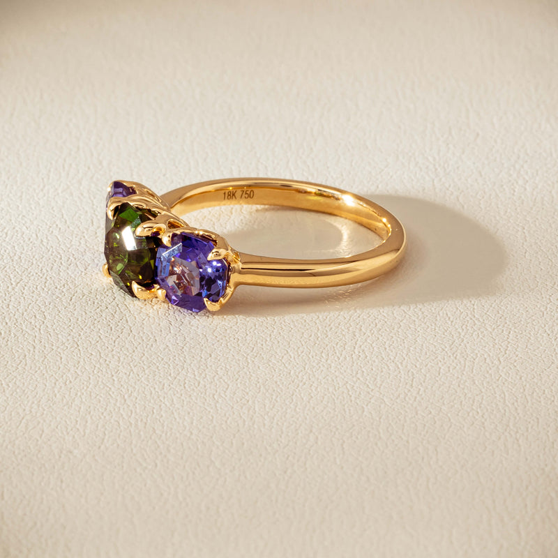 18ct Yellow Gold Tourmaline & Tanzanite Three Stone Octavia Ring - Ring - Walker & Hall