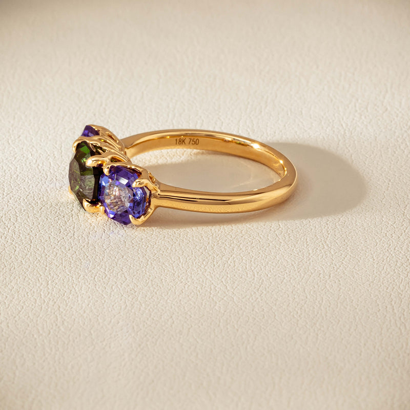 18ct Yellow Gold Tourmaline & Tanzanite Three Stone Octavia Ring - Ring - Walker & Hall
