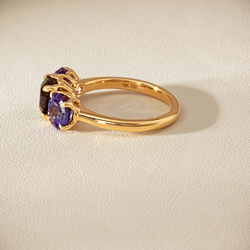 18ct Yellow Gold Tourmaline & Tanzanite Three Stone Octavia Ring - Ring - Walker & Hall