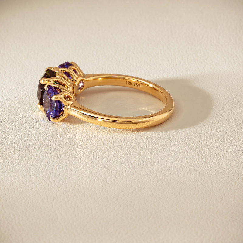 18ct Yellow Gold Tourmaline & Tanzanite Three Stone Octavia Ring - Ring - Walker & Hall