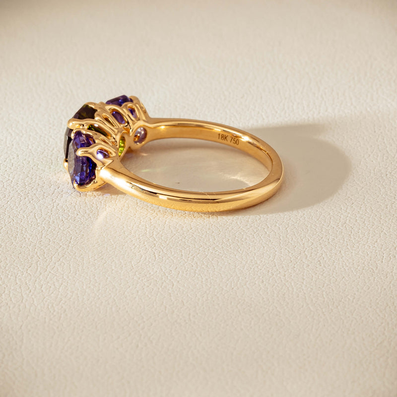 18ct Yellow Gold Tourmaline & Tanzanite Three Stone Octavia Ring - Ring - Walker & Hall