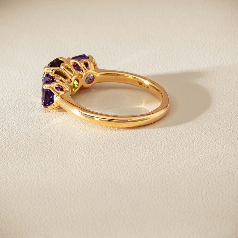 18ct Yellow Gold Tourmaline & Tanzanite Three Stone Octavia Ring - Ring - Walker & Hall