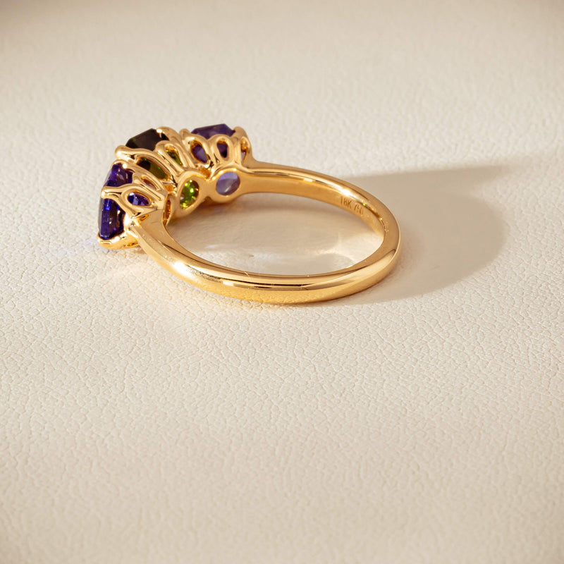 18ct Yellow Gold Tourmaline & Tanzanite Three Stone Octavia Ring - Ring - Walker & Hall