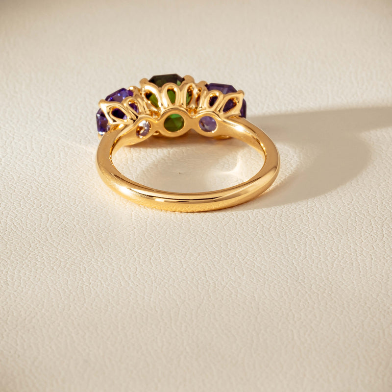 18ct Yellow Gold Tourmaline & Tanzanite Three Stone Octavia Ring - Ring - Walker & Hall
