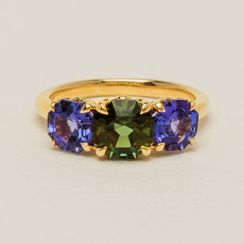 18ct Yellow Gold Tourmaline & Tanzanite Three Stone Octavia Ring - Ring - Walker & Hall