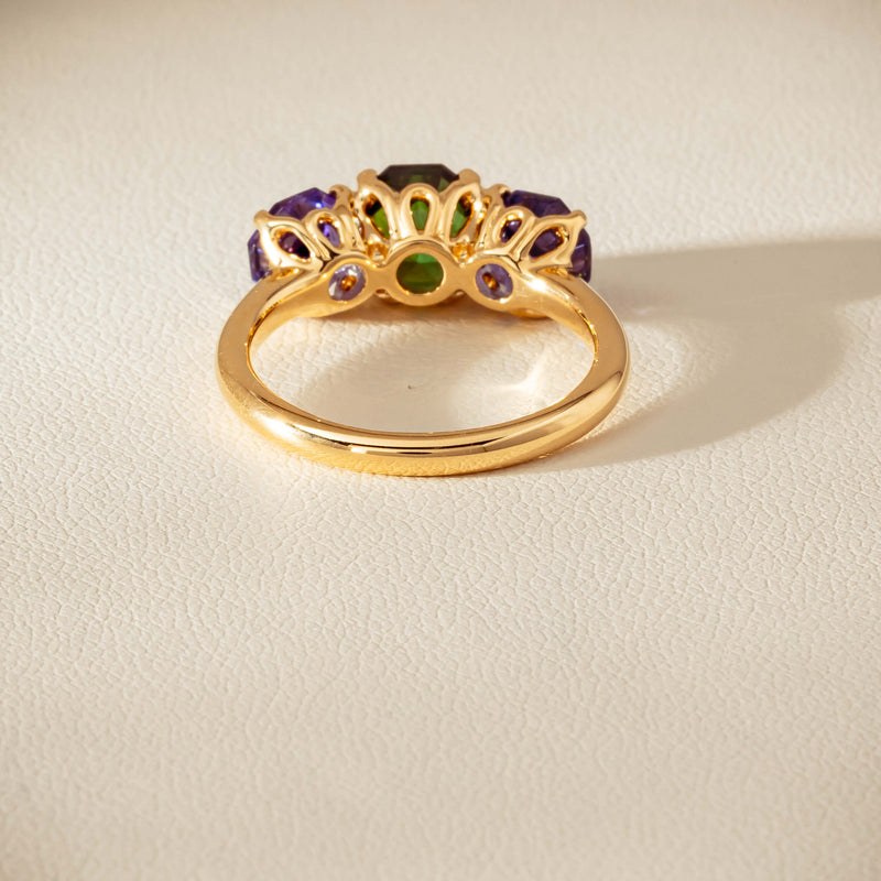 18ct Yellow Gold Tourmaline & Tanzanite Three Stone Octavia Ring - Ring - Walker & Hall