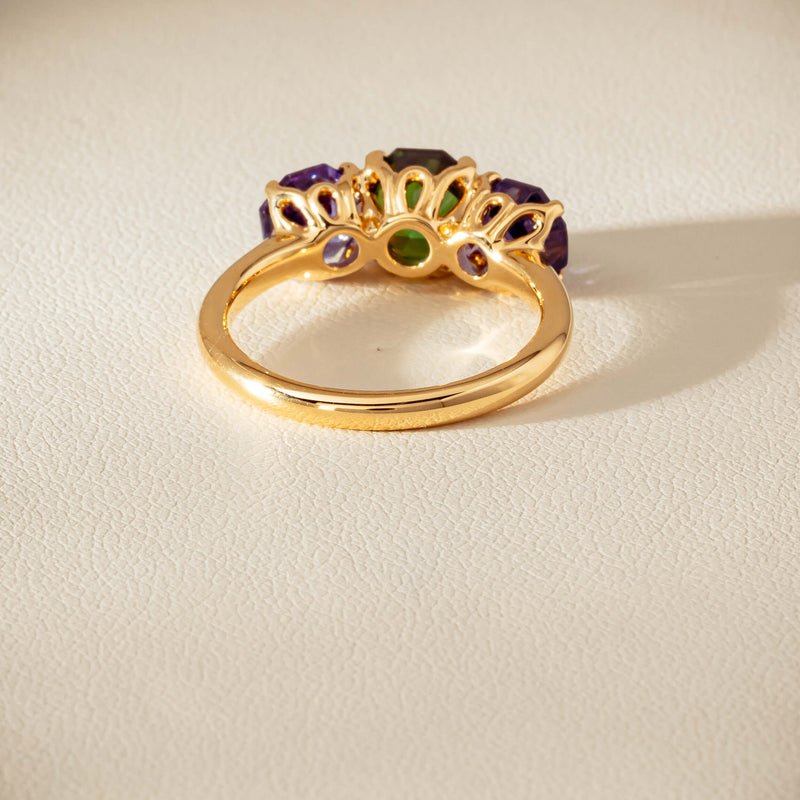 18ct Yellow Gold Tourmaline & Tanzanite Three Stone Octavia Ring - Ring - Walker & Hall