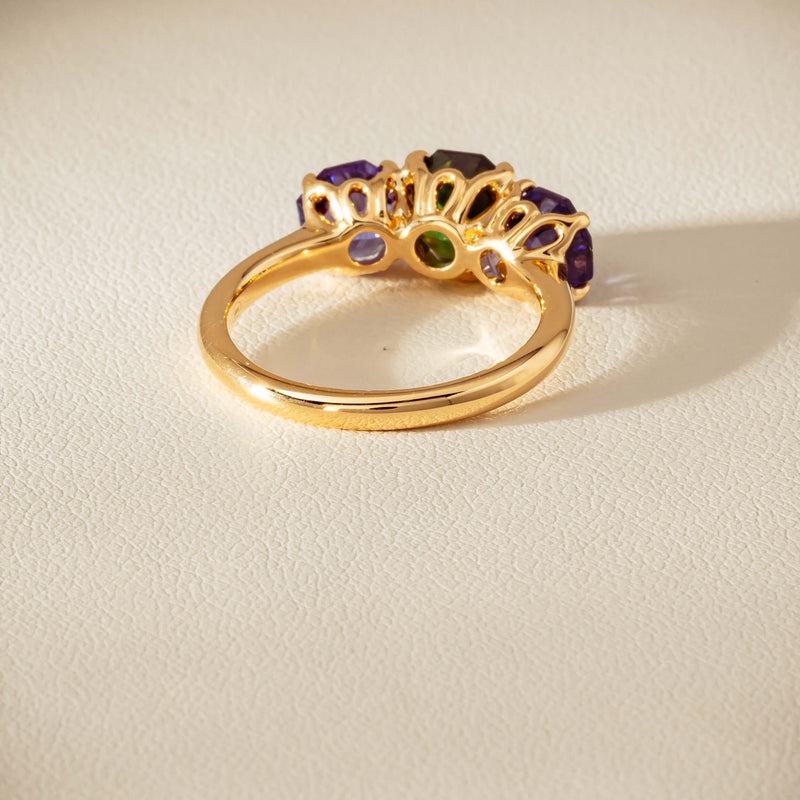 18ct Yellow Gold Tourmaline & Tanzanite Three Stone Octavia Ring - Ring - Walker & Hall