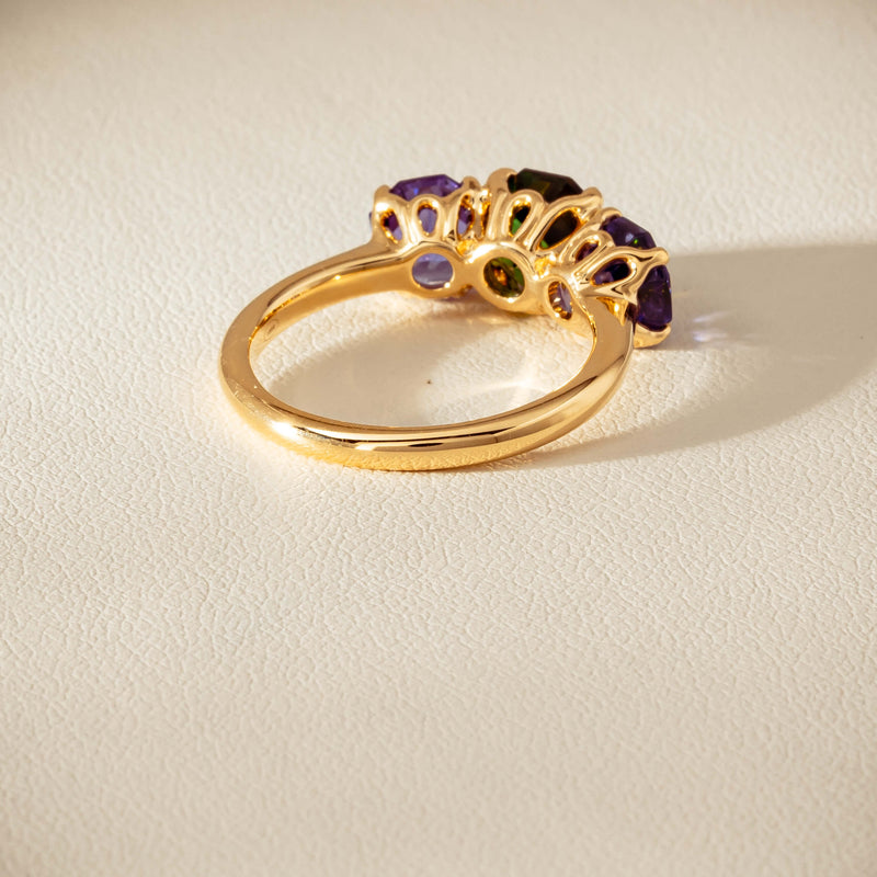 18ct Yellow Gold Tourmaline & Tanzanite Three Stone Octavia Ring - Ring - Walker & Hall