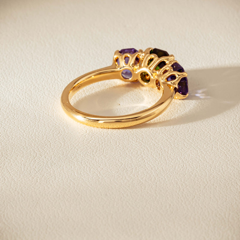 18ct Yellow Gold Tourmaline & Tanzanite Three Stone Octavia Ring - Ring - Walker & Hall